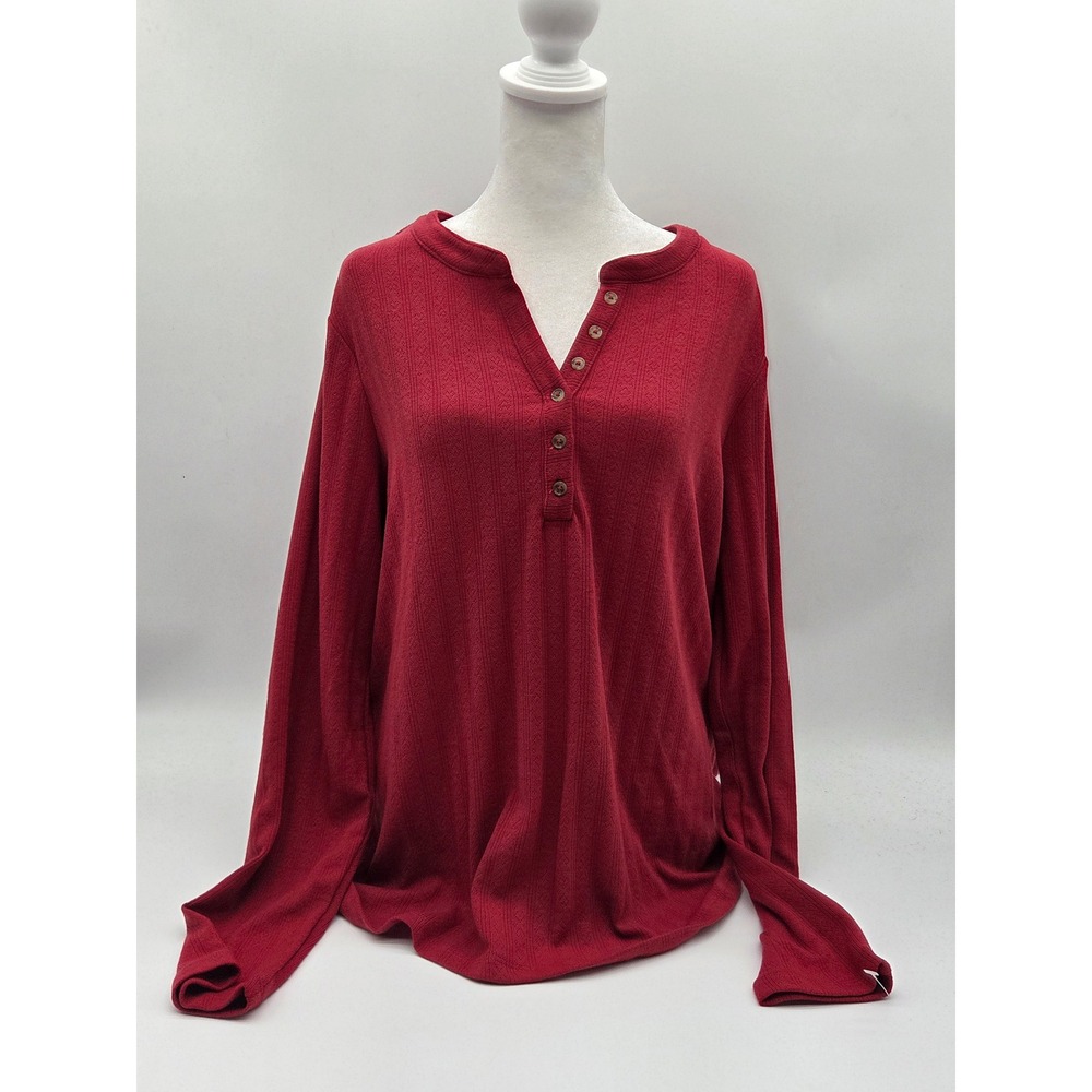 Market & Spruce XL Red Long Sleeve Henley Pointelle Knit Top 101-329
